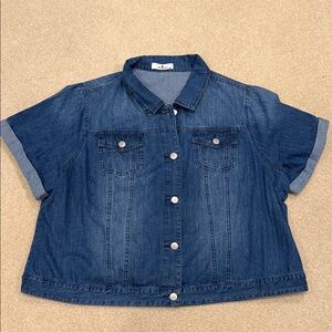 Denim Short Sleeve Button-Up Top